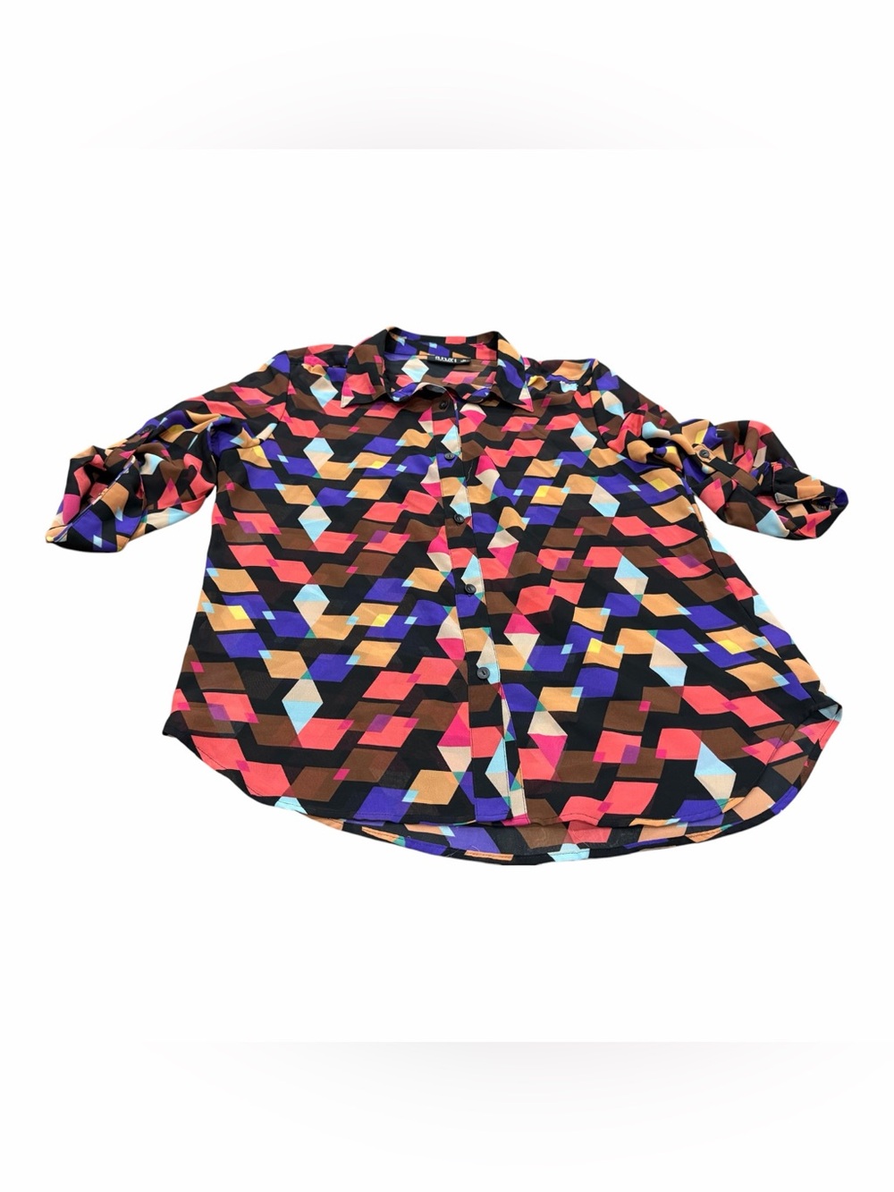 a.n.a Women’s Multicolor Geometric Print Button Down Blouse Size Petite Large
